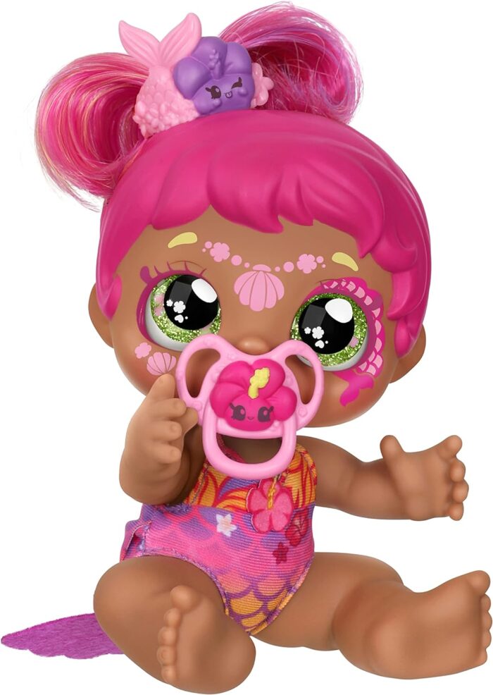 Kindi Kids 50241 Dress Baby Sister Tulla Tropics Mermaid with face Paint Reveal, 1 Doll with Toy Pacifier and Magic Sponge, Big Glittery Eyes, Squishy Arms and Legs, Removeable Diaper