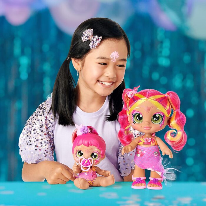 Kindi Kids 50241 Dress Baby Sister Tulla Tropics Mermaid with face Paint Reveal, 1 Doll with Toy Pacifier and Magic Sponge, Big Glittery Eyes, Squishy Arms and Legs, Removeable Diaper - Image 4