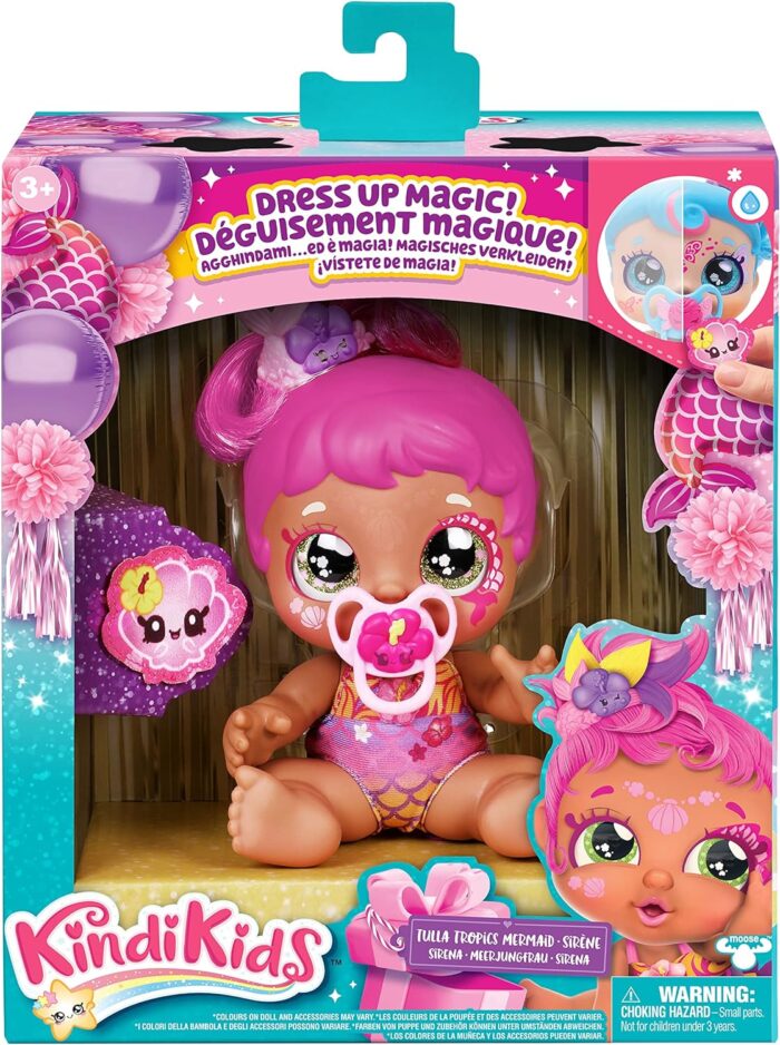 Kindi Kids 50241 Dress Baby Sister Tulla Tropics Mermaid with face Paint Reveal, 1 Doll with Toy Pacifier and Magic Sponge, Big Glittery Eyes, Squishy Arms and Legs, Removeable Diaper - Image 7