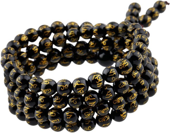 Shanxing 6mm Black Agate Crystal 108 Prayer Beads Mala Wrap Bracelet for Men Women, Black Worry Beads Healing Crystal Bracelet Tibetan Buddhist Jewellery Gift Buddha Reiki Necklace, Six Words Mantra - Image 2