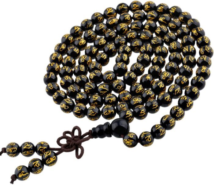 Shanxing 6mm Black Agate Crystal 108 Prayer Beads Mala Wrap Bracelet for Men Women, Black Worry Beads Healing Crystal Bracelet Tibetan Buddhist Jewellery Gift Buddha Reiki Necklace, Six Words Mantra - Image 3