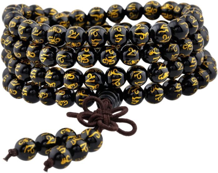 Shanxing 6mm Black Agate Crystal 108 Prayer Beads Mala Wrap Bracelet for Men Women, Black Worry Beads Healing Crystal Bracelet Tibetan Buddhist Jewellery Gift Buddha Reiki Necklace, Six Words Mantra