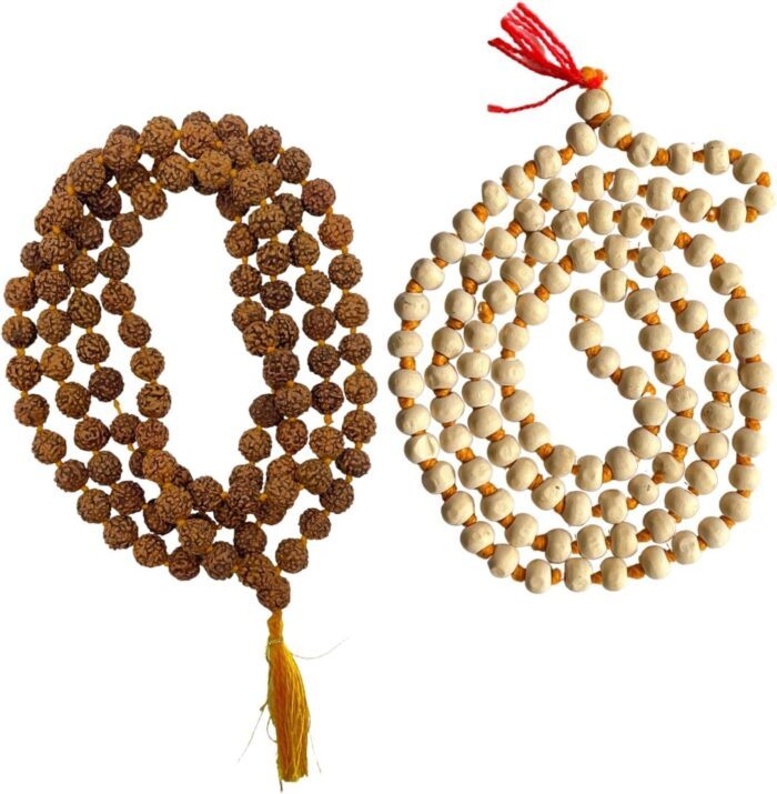 NAISHA (Pack of 2 Tulsi Holy Basil Japa Mala & Rudraksha Mala 108+1 Beads Japa Mala 5 face Panch Mukhi Rudraksha Seed for Daily Mantra Jaap with tassel, One Size, Wood, tulsi mala, rudraksha