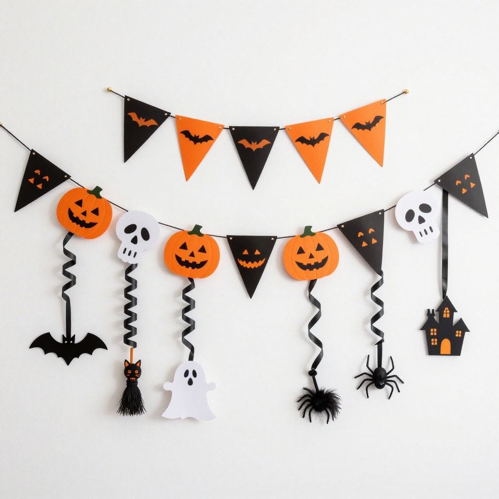 Illustration of Happy Halloween Banner & Hanging Swirls Set